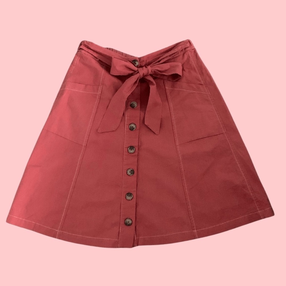 Pink Andrée Midi Button-Up Skirt w/ Bow
